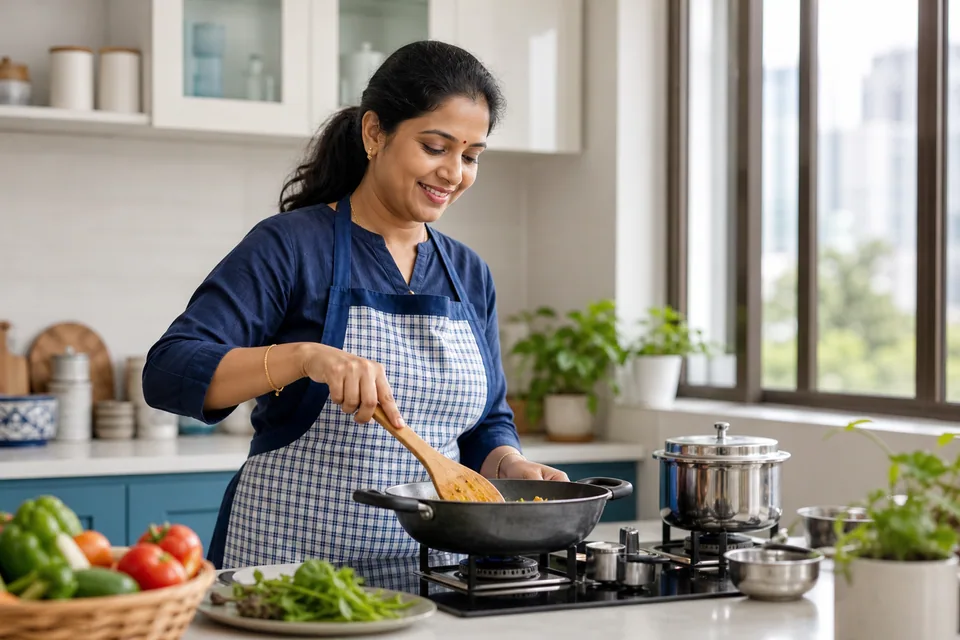 Home cook preparing everyday Chennai family meals in a bright kitchen
